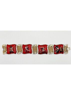 Vintage Chinese Export Enamel‎ Panel Bracelet Brass Red & Gold 7.75”